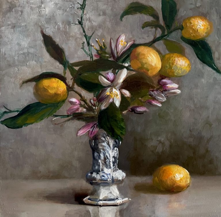 Read more about the article Waiting Through Winter (Kumquats with Meyer Lemon Blossoms in Antique Delft)