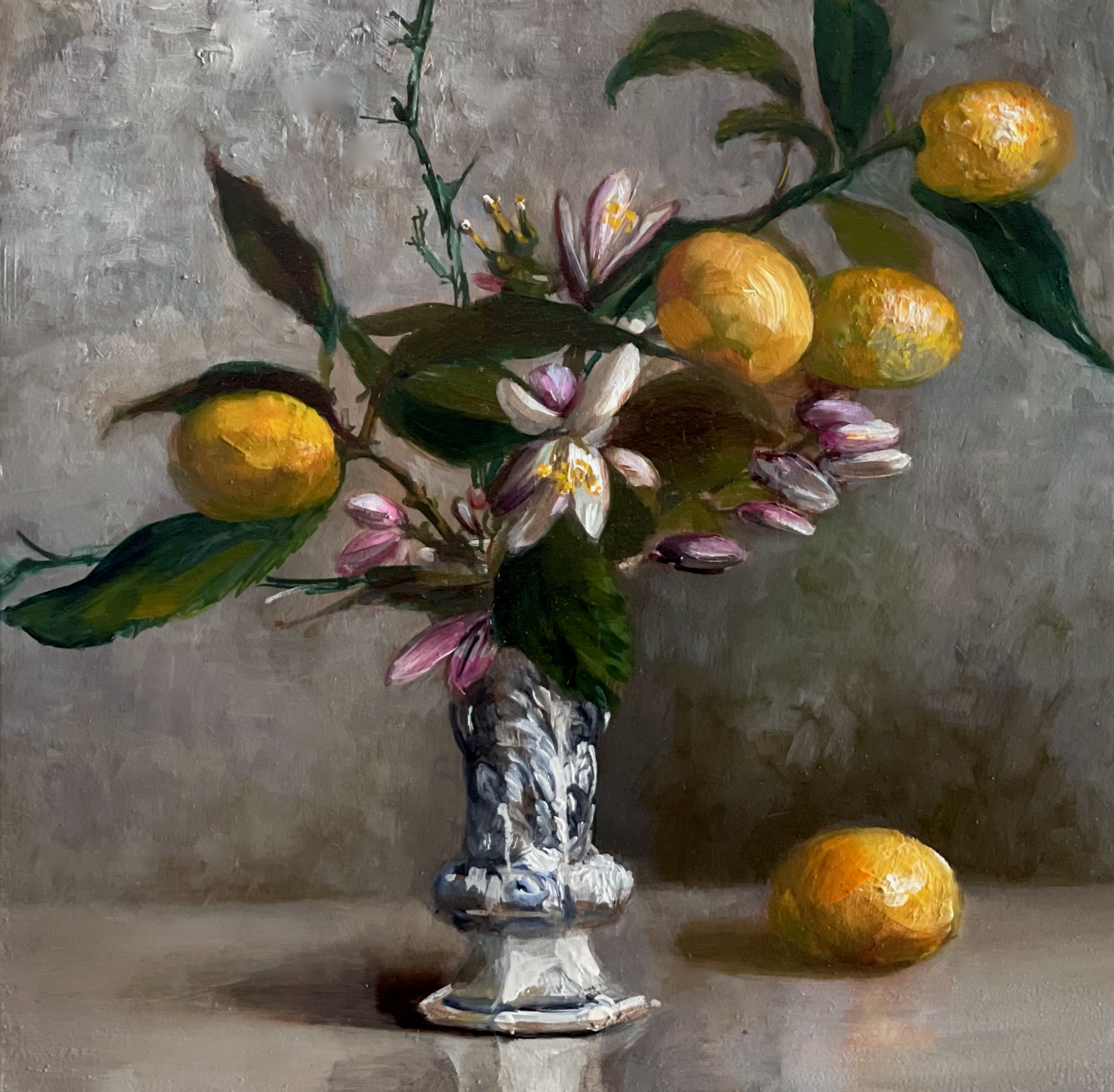 You are currently viewing Waiting Through Winter (Kumquats with Meyer Lemon Blossoms in Antique Delft)
